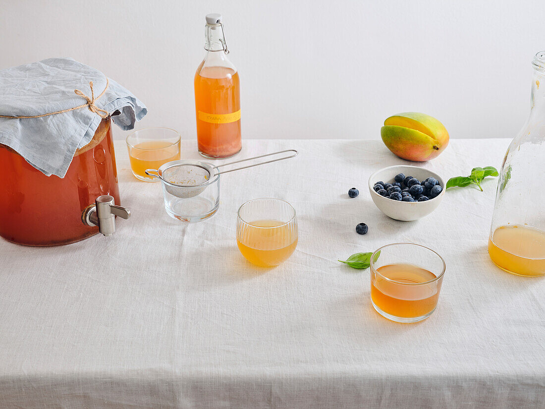 Großes Glasgefäß mit Kombucha-Scoby und einer Flasche mit hausgemachtem fermentiertem Kombucha-Getränk auf weißem Hintergrund