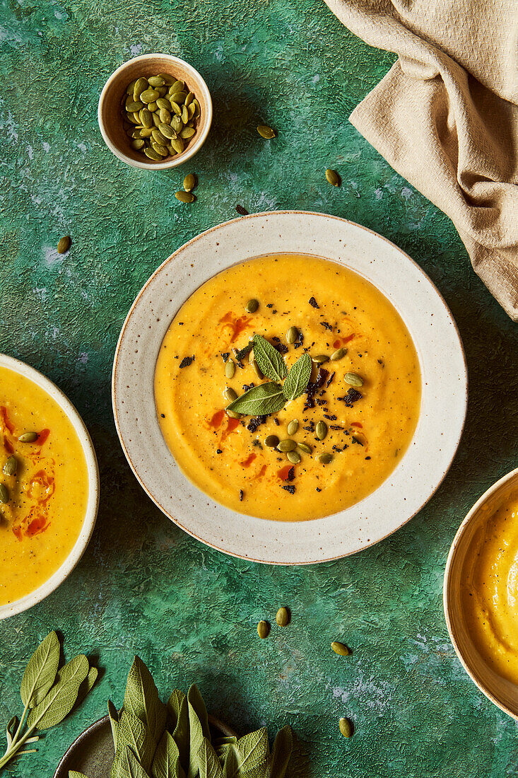 Pumpkin soup on a green surface with sage and pumpkin seeds