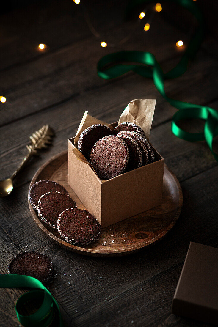 A box of holiday chocolate peppermint cookies