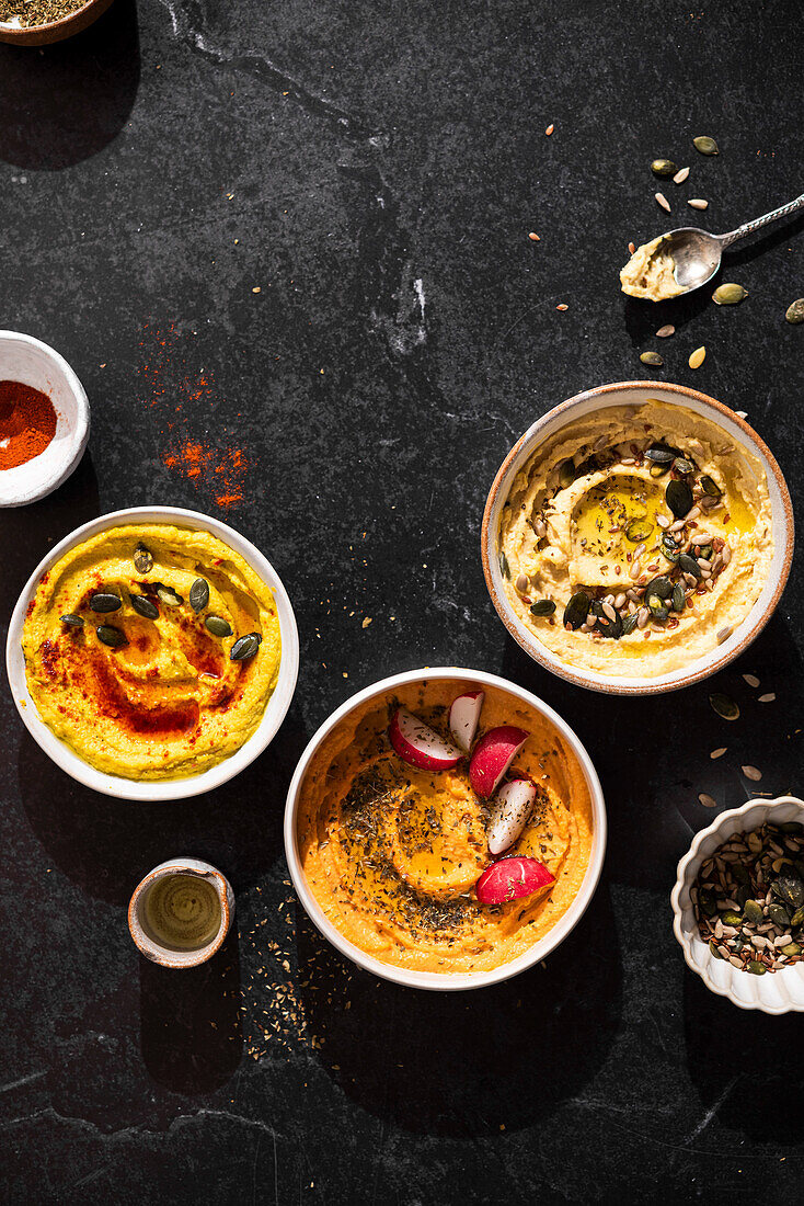 Bowls of fresh homemade hummus