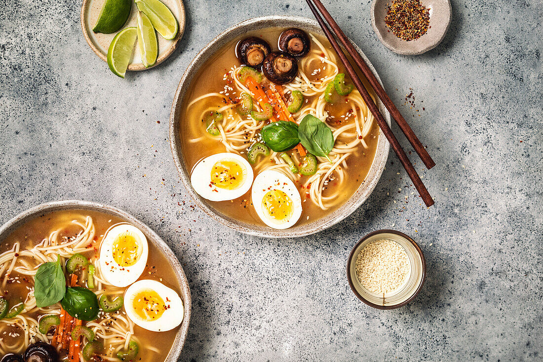 Ramen bowls with noodles, eggs, mushrooms, carrots and sesame seeds on a grey background