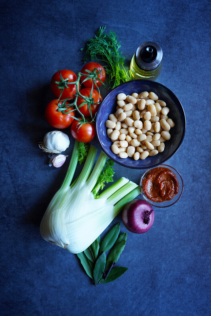 Ikarian style bean and fennel longevity stew raw ingredients.