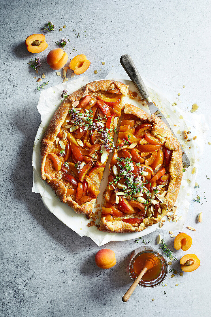 Abricos galette, cut in half, on a grey background