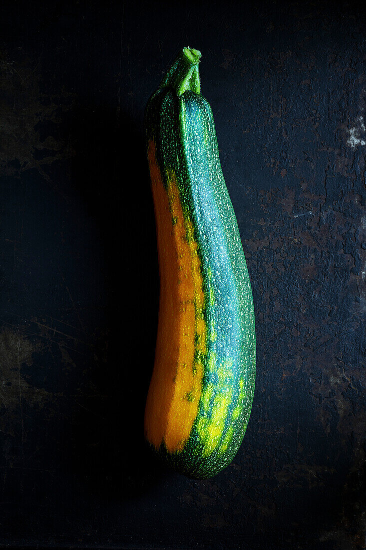 Fresh home-grown yellow-green zucchini on a black metal background