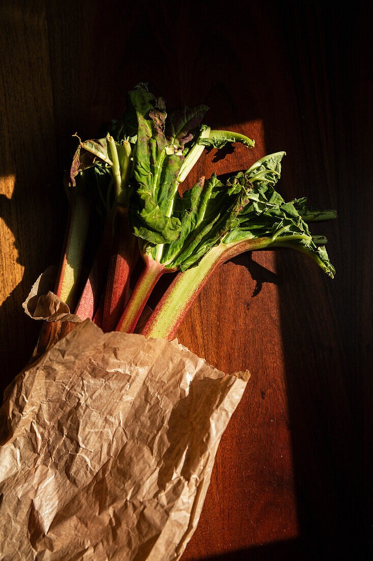 Hand-picked stalks of fresh rhubarb