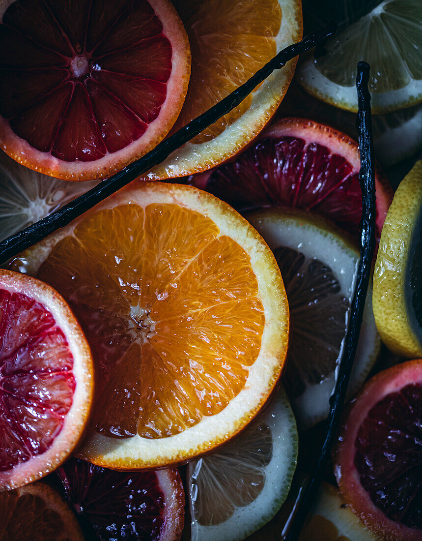 Slices of orange in maple syrup with vanilla