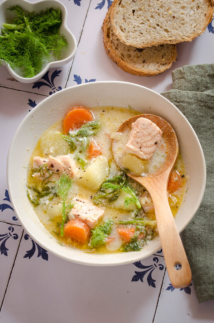 Finnish Salmon Soup with fresh vegetables