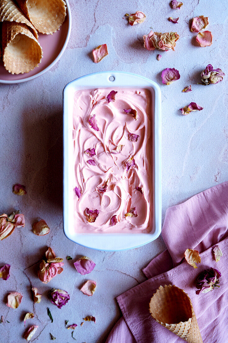 Rose petal ice cream, top down flatlay.