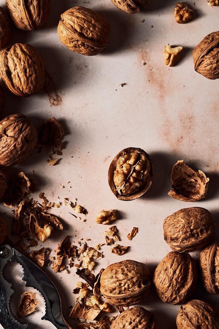 Walnuts in close-up from above