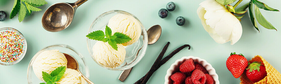 Scoops of Vanilla, mint leaves in glass bowl, sprinkles, berries and flowers over pastel light blue background, top view, banner, copy space. Summer minimal concept