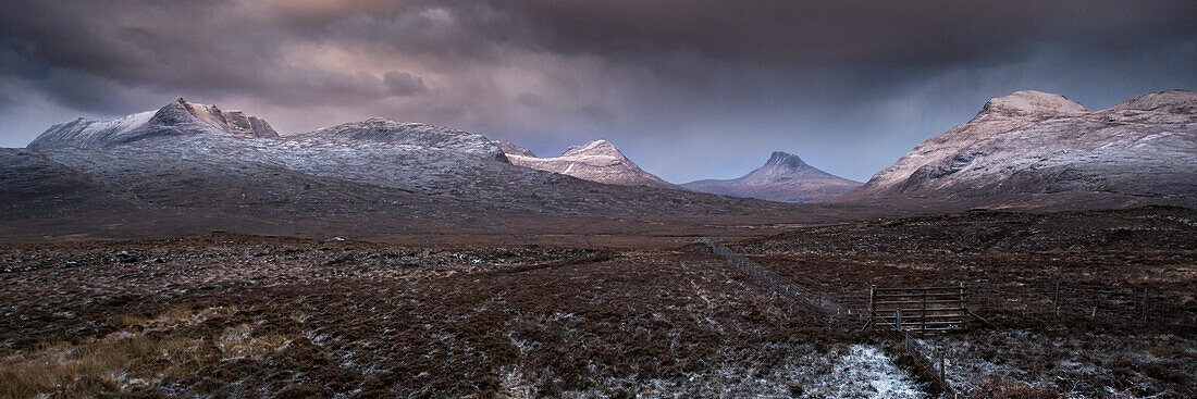 Assynt Mountains in winter, Ben Mor Coigach, Beinn an Eoin, Stac Pollaidh and Cul Beag, Assynt-Coigach National Scenic Area, Sutherland, Scottish Highlands, Scotland, United Kingdom, Europe