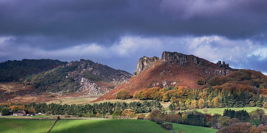 Panoramic view of Hen Cloud and The Roaches in autumn, near Leek, Peak District National Park, Staffordshire Moorlands, Staffordshire, England, United Kingdom, Europe