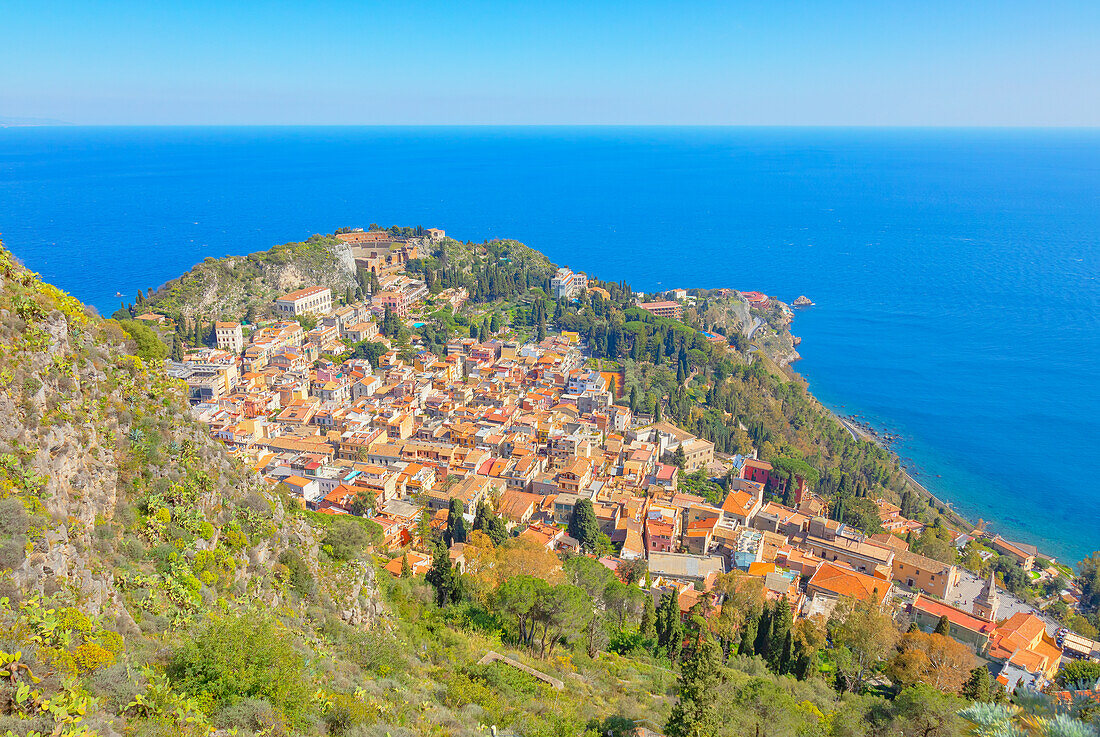 Taormina Stadt, Blick von oben, Taormina, Sizilien, Italien, Mittelmeer, Europa