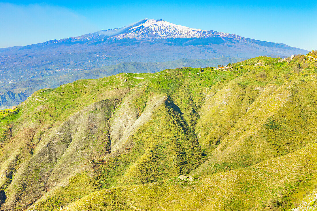 View of Mount Etna from Castelmola village, Castelmola, Taormina, Sicily, Italy, Mediterranean, Europe