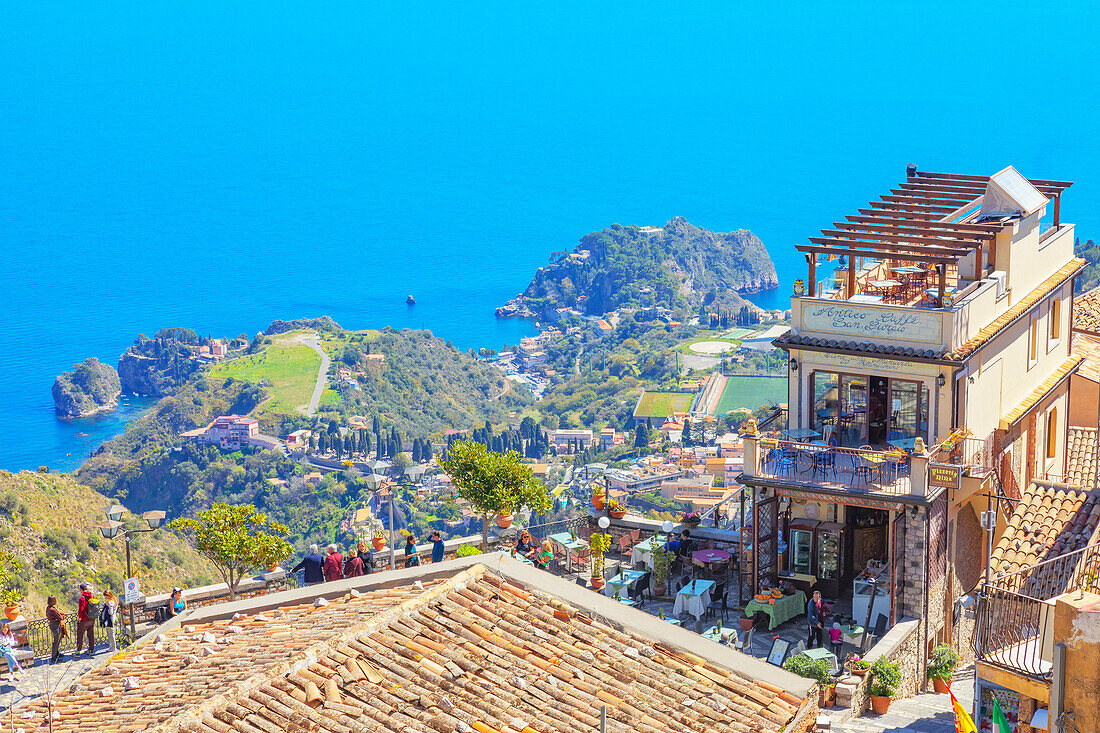 Taormina and the Ionian coast view from Castelmola main square, Castelmola, Taormina, Sicily, Italy, Mediterranean, Europe