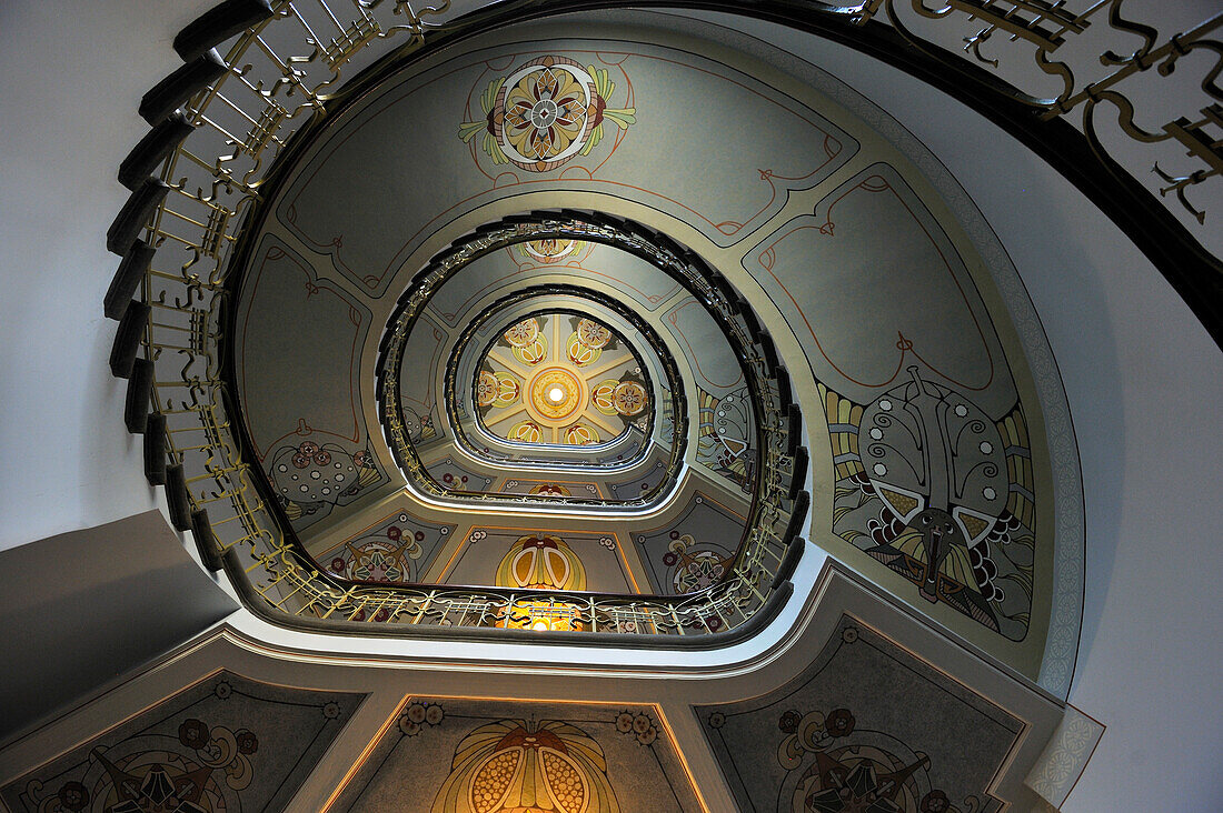 Spiral staircase of the Art Nouveau Museum located in the apartment where the Latvian architect Konstantins Peksens, 1859 to 1928, lived until 1907, Alberta Street, Riga, Latvia, Baltic region, Europe