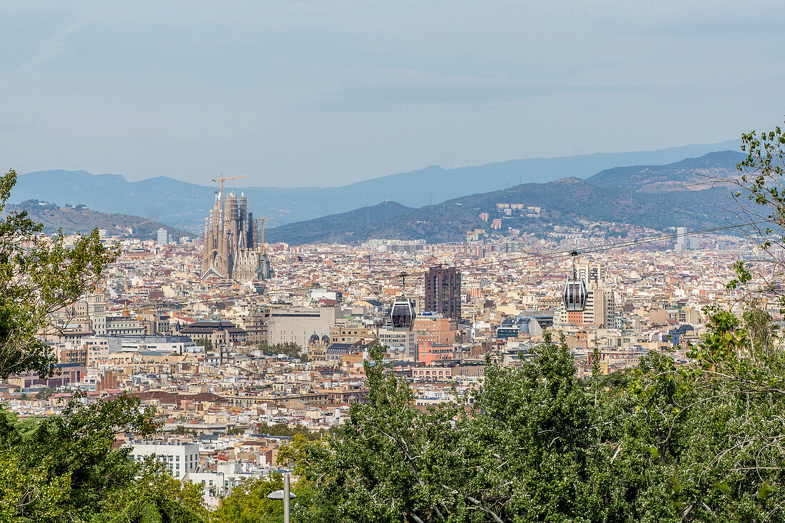 The Montjuic cable car aerial tram overlooking Barcelona, Catalonia, Spain, Europe