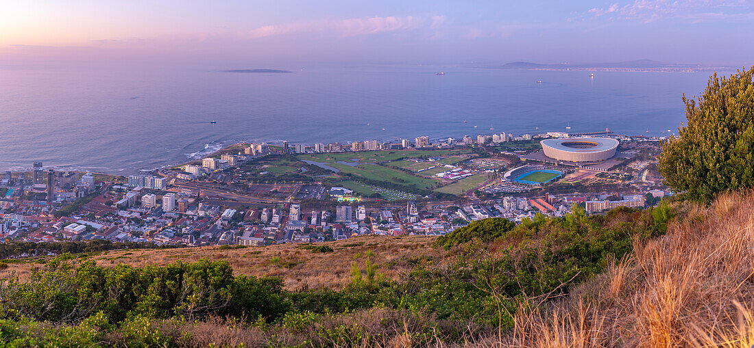 View of DHL Stadium in Cape Town from Signal Hill at dusk, Cape Town, Western Cape, South Africa, Africa