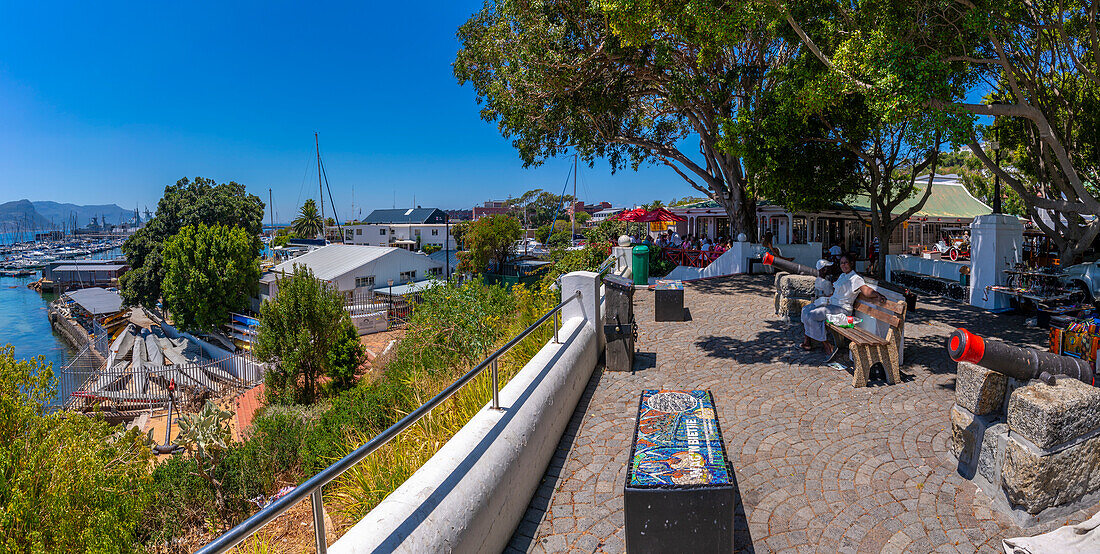 View of restaurant overlooking marina in Jubilee Square, Simon's Town, Cape Town, Western Cape, South Africa, Africa