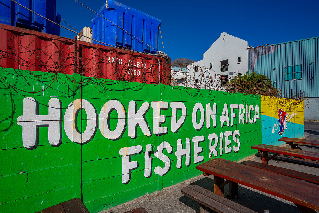 Blick auf bunte Gebäude in Hout Bay Harbour, Hout Bay, Kapstadt, Westkap, Südafrika, Afrika