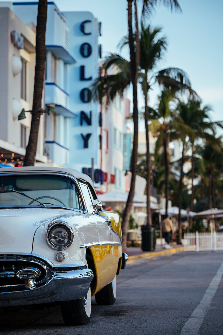 Oldsmobile Super 88 convertible parked in front of the Avalon Hotel, Ocean Drive, South Beach, Miami, Dade County, Florida, United States of America, North America