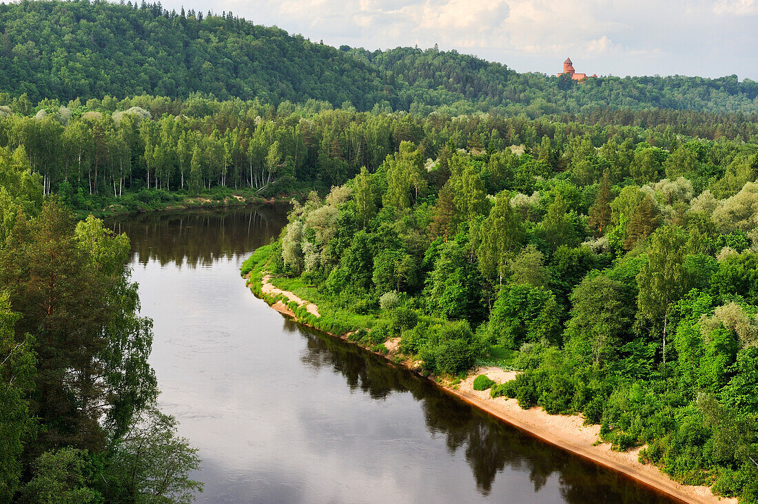 Gauja-Fluss mit der Burg Turaida im Hintergrund, bei Sigulda, Gauja-Nationalpark, Region Vidzeme, Lettland, Baltikum, Europa