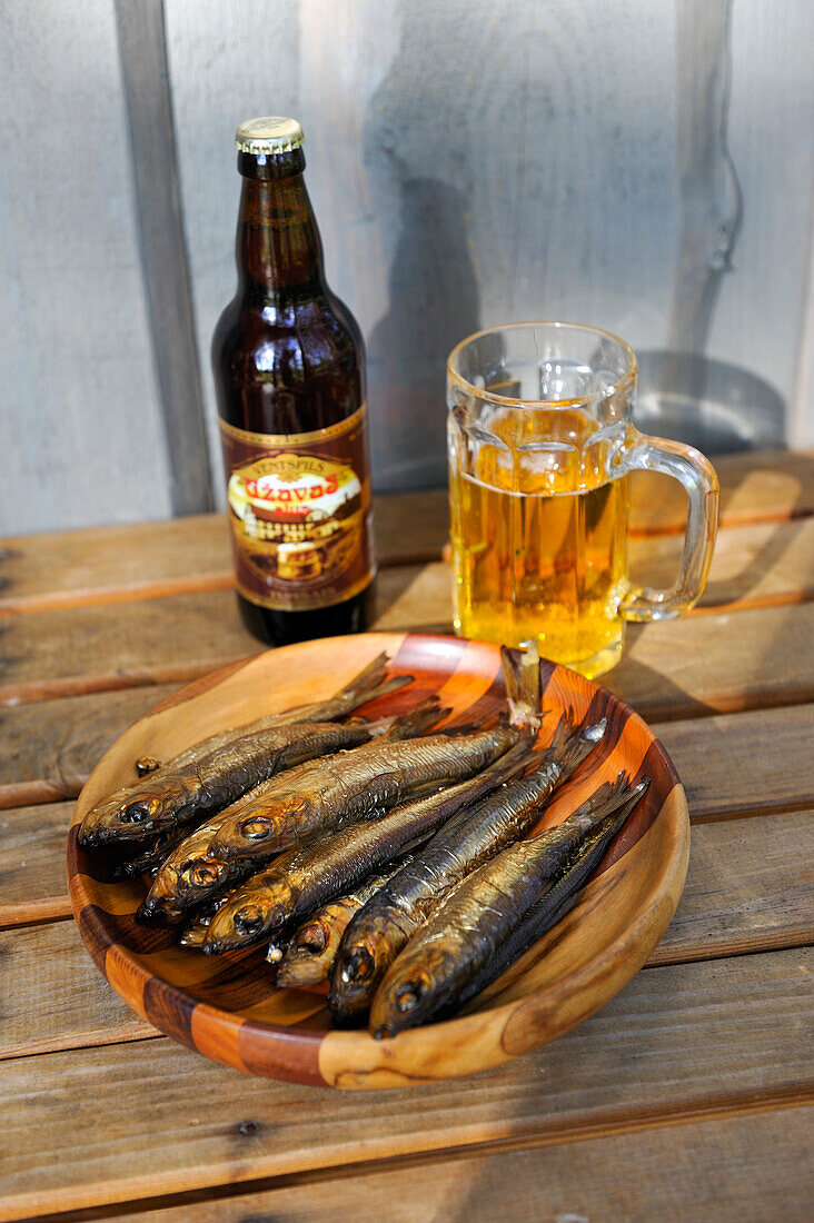 Herrings and local beer, Kemeri, Jurmala, Gulf of Riga, Latvia, Baltic region, Europe