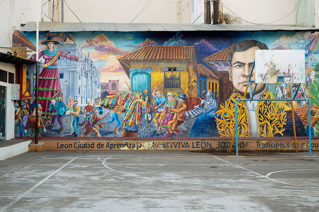 Wall murals depicting the history of Leon, Leon, Leon Department, Nicaragua, Central America