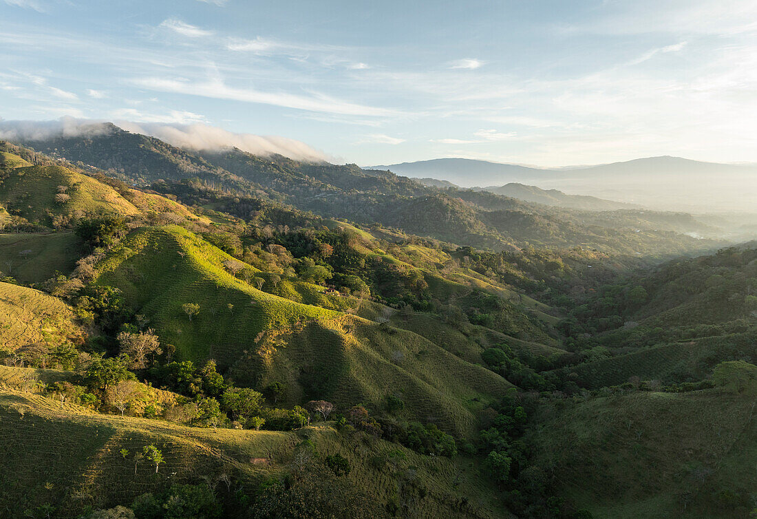 Aerial view of mountains near Atena at dawn, Alajuela Province, Costa Rica, Central America