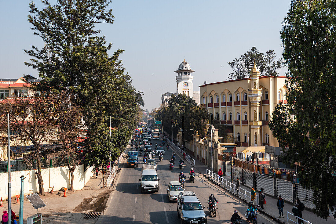 Aerial view of the busy Kanti Path traffic road in the centre of Kathmandu, Nepal, Asia