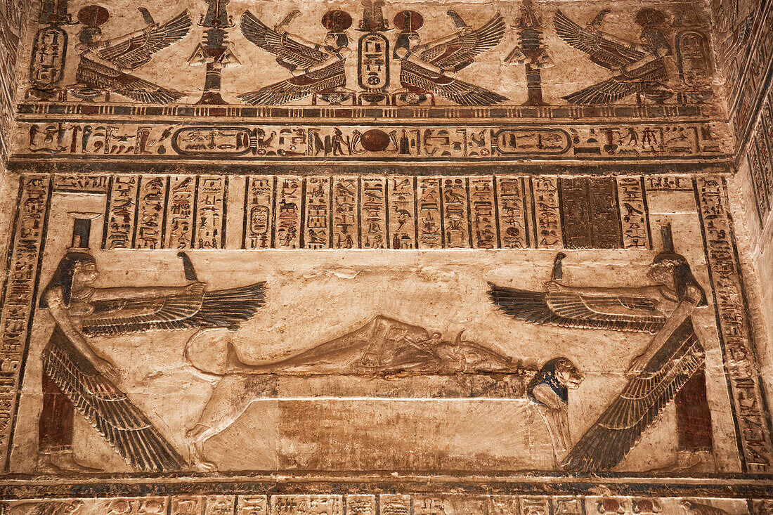 Reliefs, Sanctuary, Temple of Hathor, Dendera, Qena, Egypt, North Africa, Africa