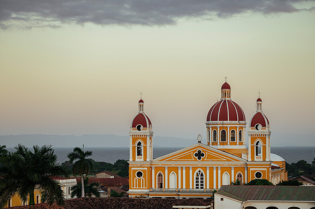 Granada Cathedral at dusk, Granada, Nicaragua, Central America