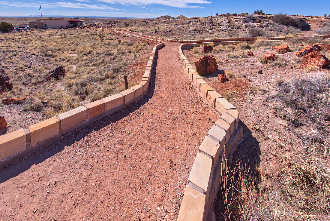 Eine Abzweigung in der Wanderschleife des Giant Logs Trail im Petrified Forest National Park mit dem Rainbow Forest Museum oben links, Arizona, Vereinigte Staaten von Amerika, Nordamerika