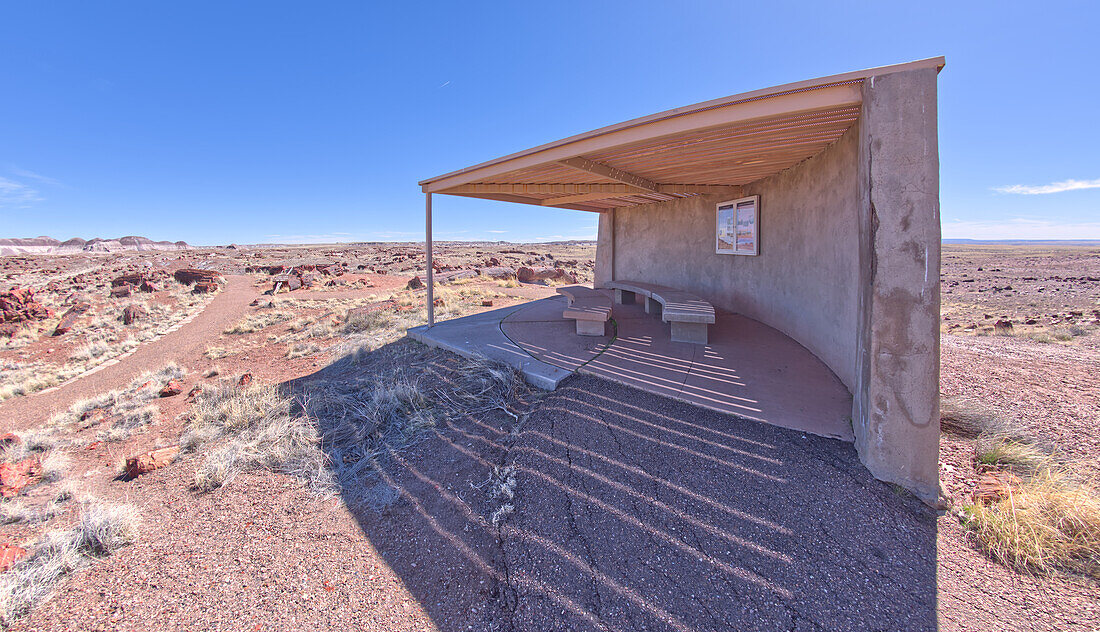 The sun shade shelter along the Long Logs Trail at Petrified Forest National Park, Arizona, United States of America, North America