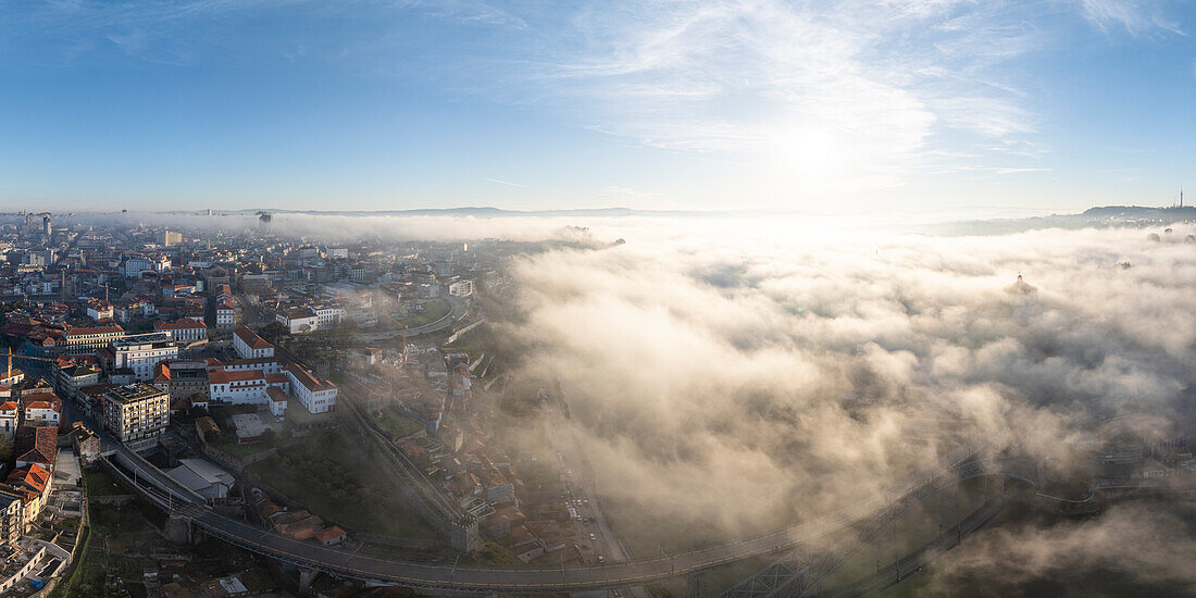 Aerial view of Porto at dawn, Porto, Norte, Portugal, Europe