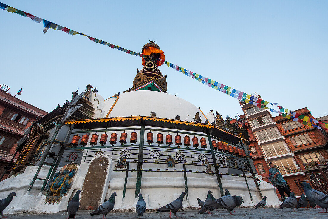 Früher Morgen, Tauben und Stupa in Kathmandu, Nepal, Asien