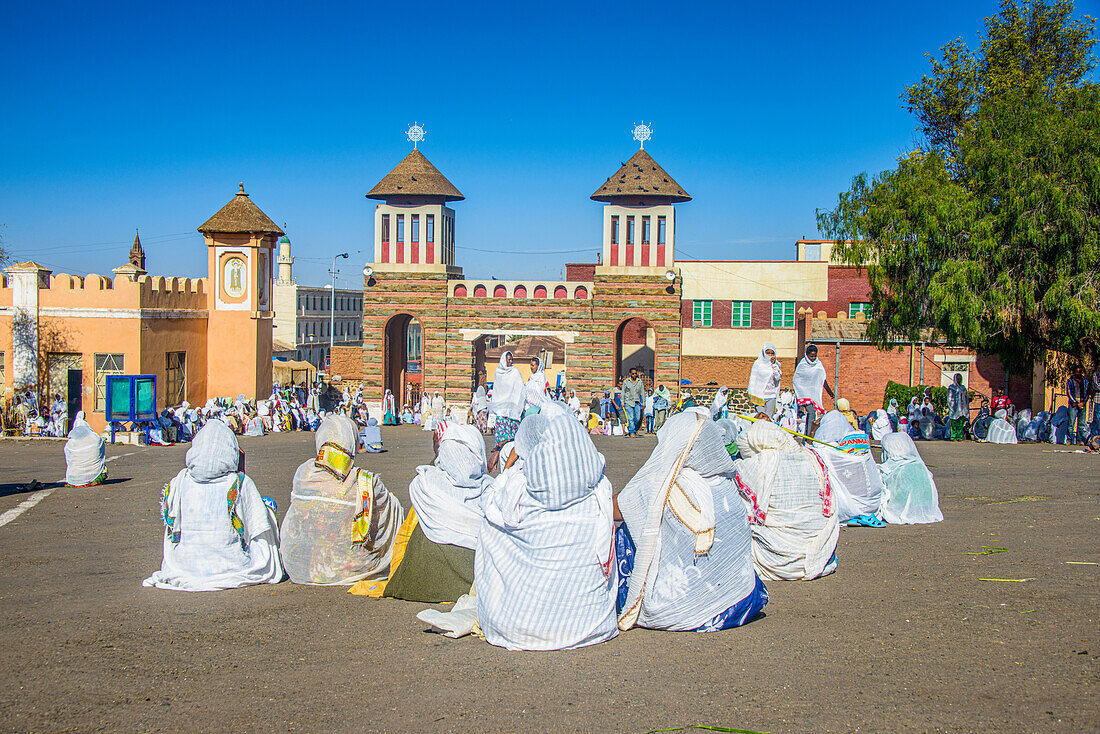 Orthodox women praying at the Easter ceremony, Coptic Cathedral of St. Mariam, Asmara, Eritrea, Africa