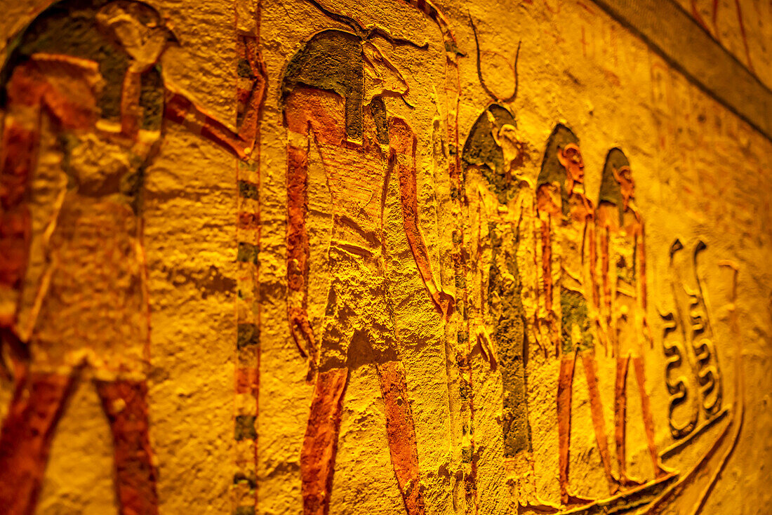 View of painted walls in KV8, the Tomb of Merenptah, Valley of the Kings, UNESCO World Heritage Site, Thebes, Egypt, North Africa, Africa