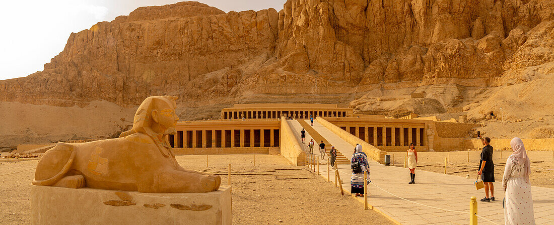 View of sphinx and Mortuary Temple of Hatshepsut, UNESCO World Heritage Site, Deir el-Bahari, Thebes, Egypt, North Africa, Africa