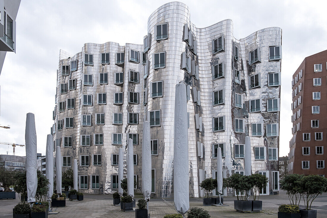 Blick auf den Neuen Zollhof, benannt nach einer ehemaligen Zollanlage, ein Gebäudeensemble im Medienhafen und markantes Wahrzeichen des Düsseldorfer Hafens, Teil des sanierten Düsseldorfer Hafens, Düsseldorf, Nordrhein-Westfalen, Deutschland, Europa