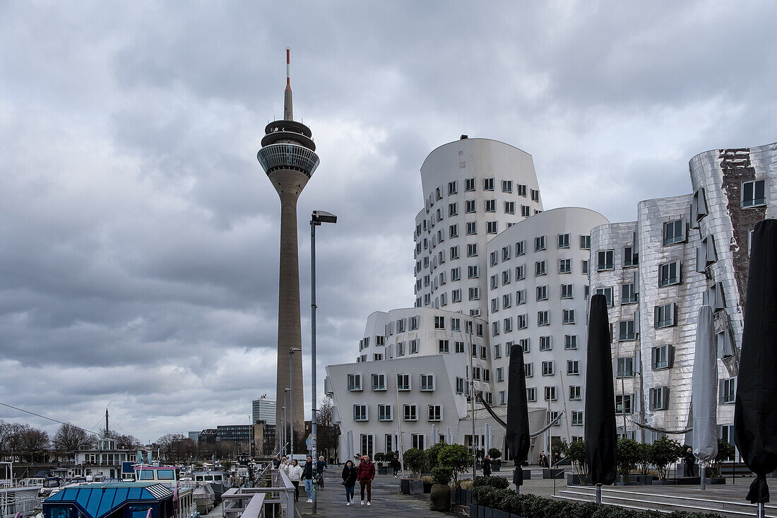 Blick auf den Neuen Zollhof, benannt nach einer ehemaligen Zollanlage, einem markanten Wahrzeichen des Düsseldorfer Hafens, Teil des neu gestalteten Düsseldorfer Hafens, mit dem Rheinturm im Hintergrund, Düsseldorf, Nordrhein-Westfalen, Deutschland, Europa