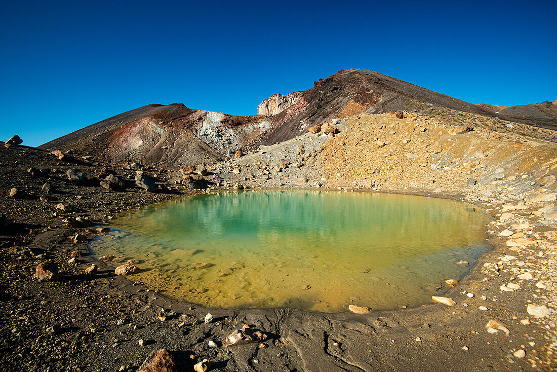 Ufer des Smaragdsees, natürlicher, leuchtender Farbverlauf mit Blick auf den Red Crater Volcano des Tongariro National Park, UNESCO Weltkulturerbe, Nordinsel, Neuseeland, Pazifik