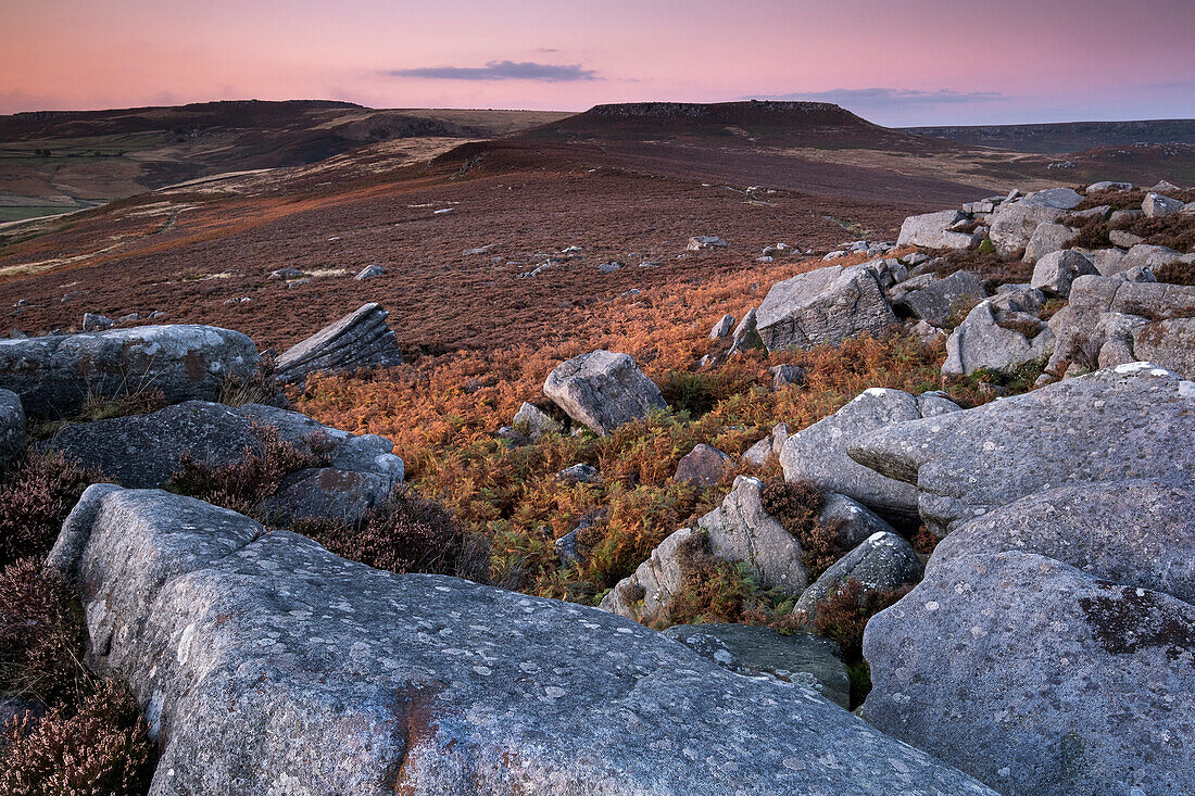 Carl Walk Hillfort from Over Owler Tor at dusk, Hathersage Moor, Peak District National Park, Derbyshire, England, United Kingdom, Europe