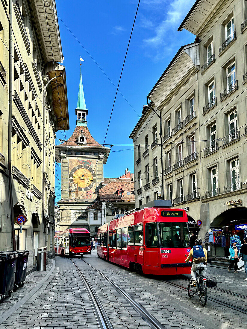 View of the east front of the iconic Zytglogge (Time Bell), located at the end of the Kramgasse, one of the principal streets in the Old City of Bern, the medieval city centre of Bern, Switzerland, Europe