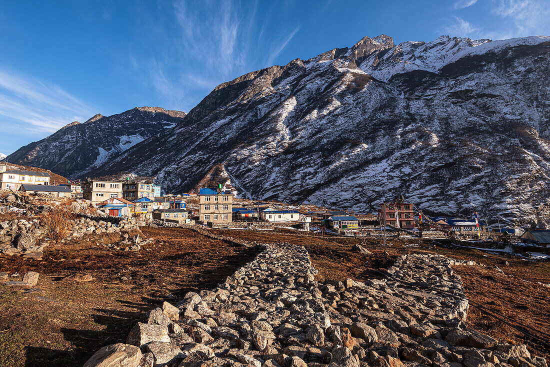 Stone track leading into the town, Lang Tang Village, a high altitude village on the Lang Tang Valley Trek, Himalayas, Nepal, Asia