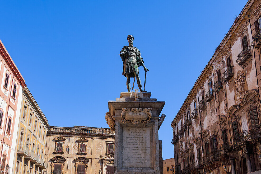 Charles V bronze statue monument in Bologni Square, Palermo, Sicily, Italy, Mediterranean, Europe