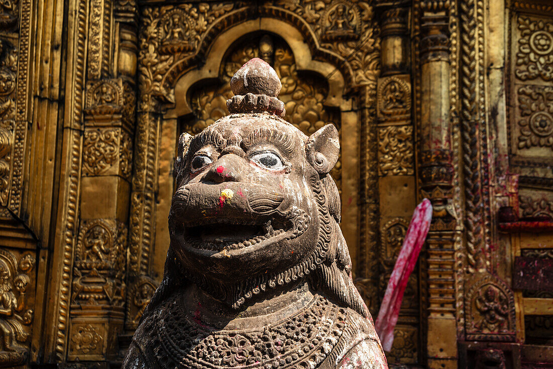 Close up of the guardian Lion statue in front of golden wall at the Hindu Temple of Changu Narayan, UNESCO World Heritage Site, Changunarayan, Kathmandu Valley, Nepal, Asia