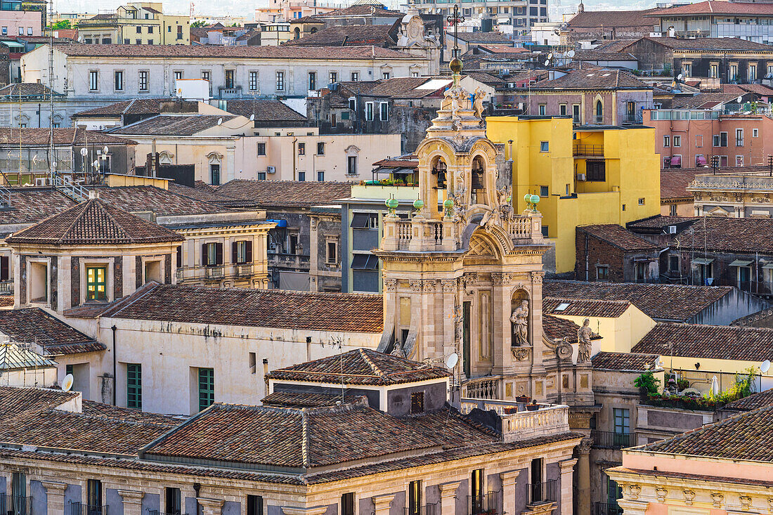 The Ancient Royal and Eminent Basilica Collegiate of Our Lady of the Alms panoramic view around traditional buildings in Catania, Sicily, Italy, Mediterranean, Europe