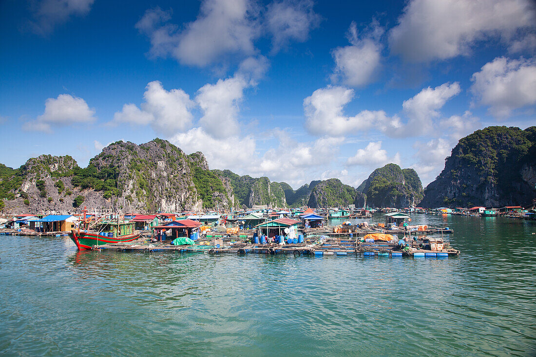 Ha Long-Bucht von der Insel Cat Ba aus, im Hintergrund die Stadt Ha Long, UNESCO-Welterbe, Vietnam, Indochina, Südostasien, Asien