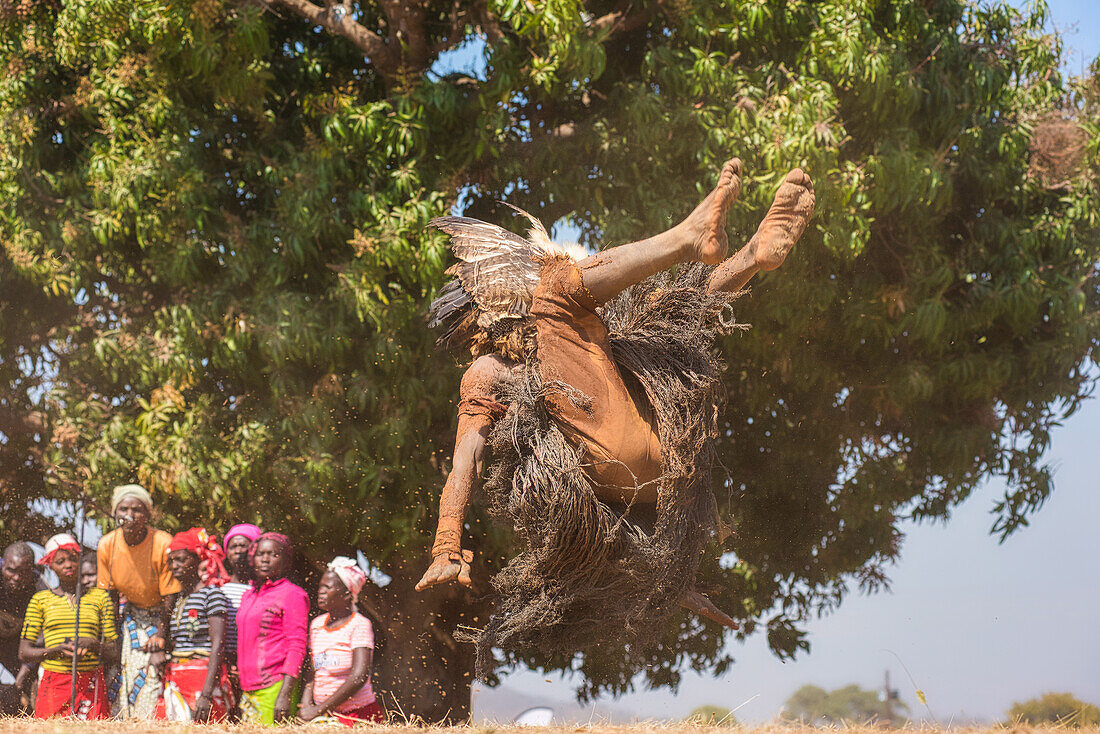 Masked dancer somersaulting, The Kulamba Traditional Ceremony of the Chewa people from Zambia, Mozambique and Malawi, held annually on the last Saturday in August to pay homage to their Chief Kalonga Gaia Uni, held near Katete, Eastern Province, Zambia, Africa